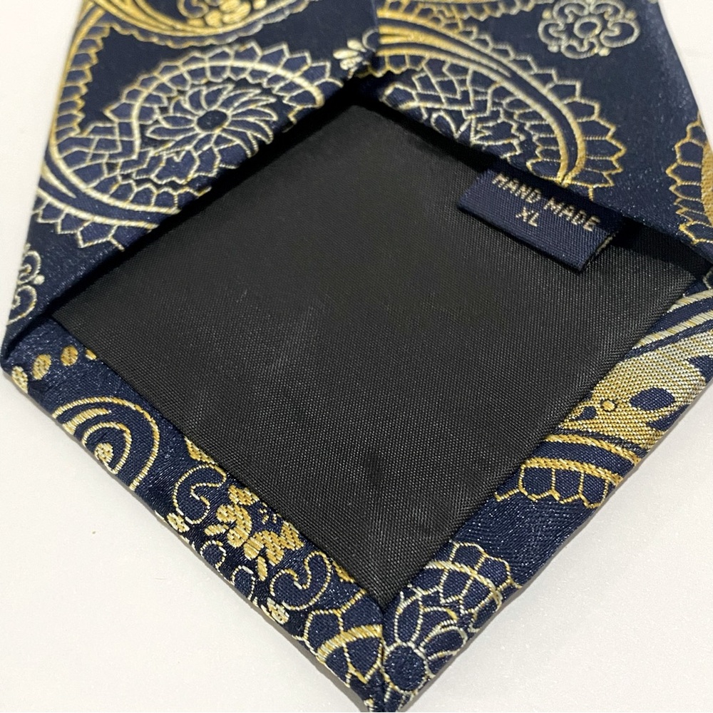NWT Hisdern Navy Blue Tie W/Gold Paisley Print Handmade XL 62" Elegant Business - Picture 3 of 7